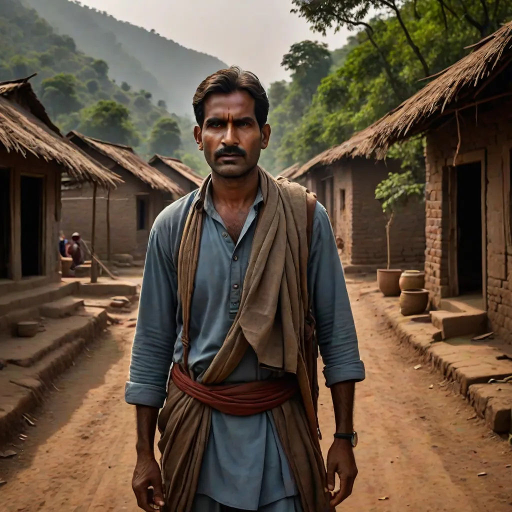 a man in a village with a long brown scarf on his shoulder and a blue shirt on his shirt, samikshavad, a character portrait, Bhupen Khakhar, award - winning photography