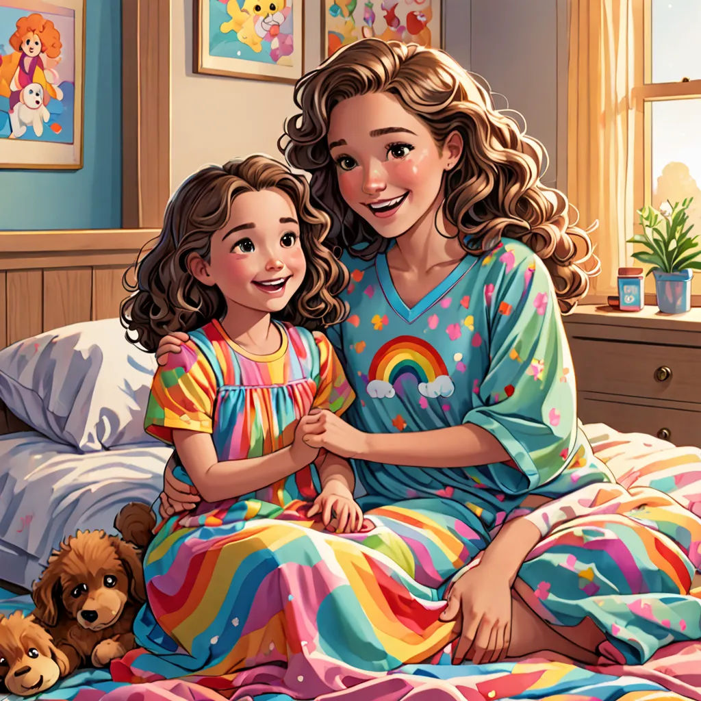 a painting of a mother and daughter sitting on a bed together, with a teddy bear on the bed, american scene painting, a storybook illustration, Artgerm, official art
