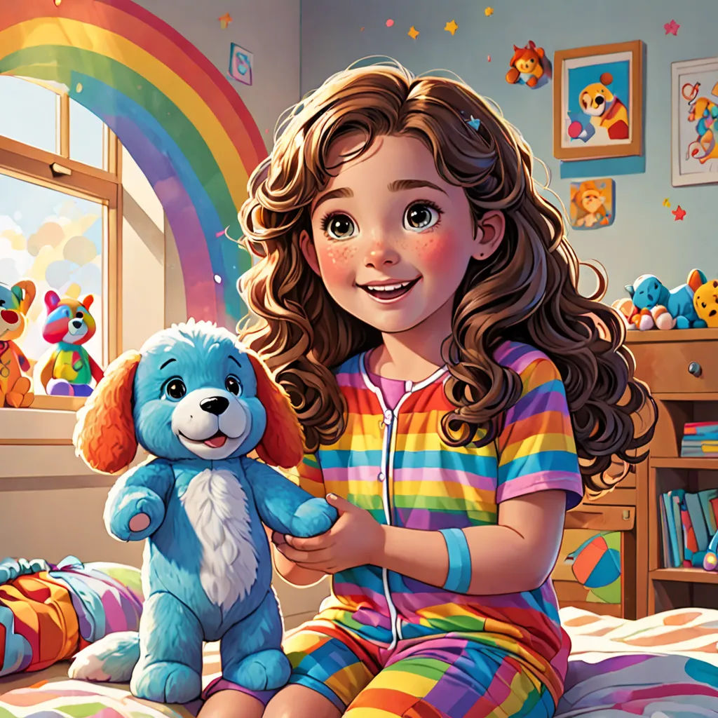 a girl sitting on a bed with a stuffed animal in her hand and a rainbow in the background with a rainbow - colored teddy bear, furry art, a storybook illustration, Chris LaBrooy, toy