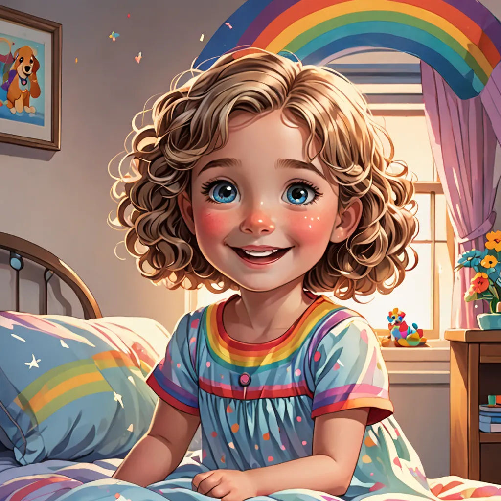 a cartoon girl sitting on a bed with a rainbow in the background and a teddy bear on the bed, photorealism, a detailed painting, Aaron Jasinski, trending on art station
