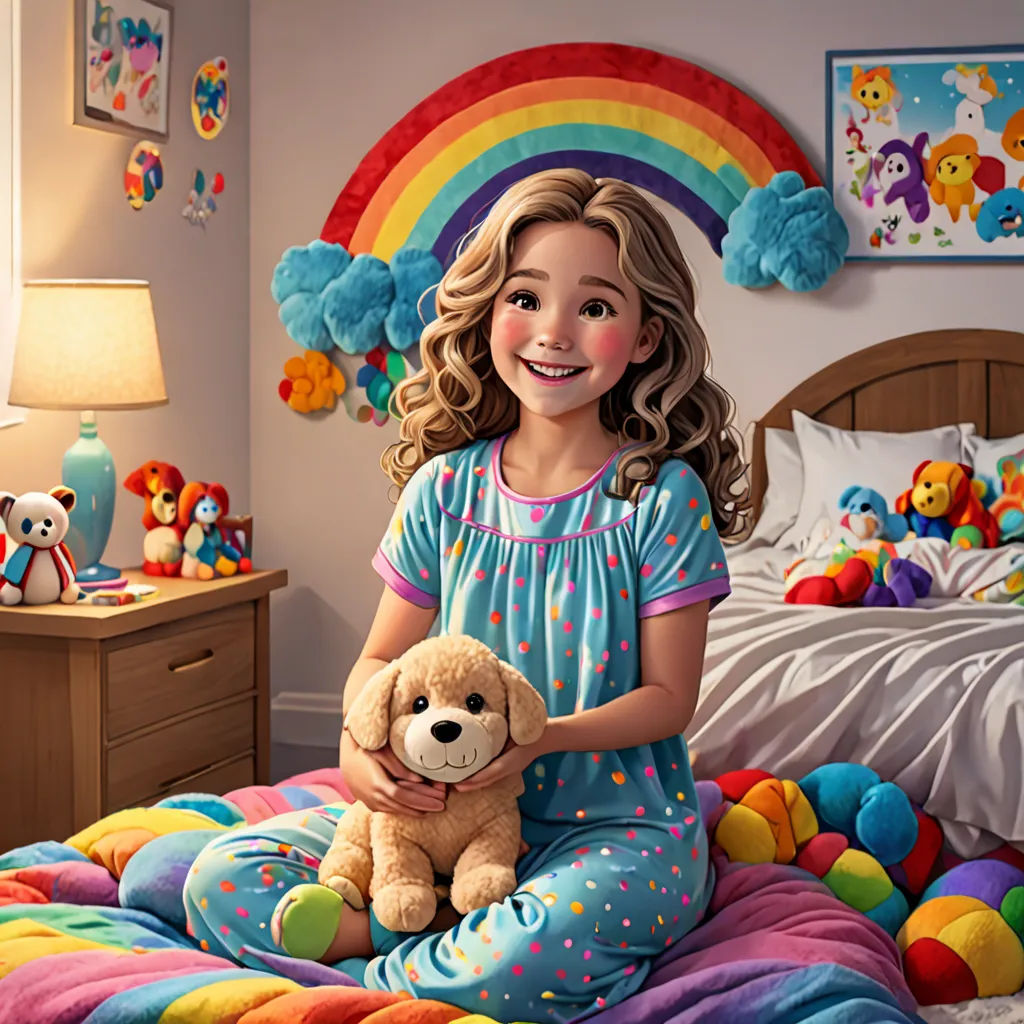a girl sitting on a bed holding a teddy bear in her hands and a rainbow in the background with a rainbow painted on the wall, photorealism, a photorealistic painting, Bob Byerley, highly detailed digital painting