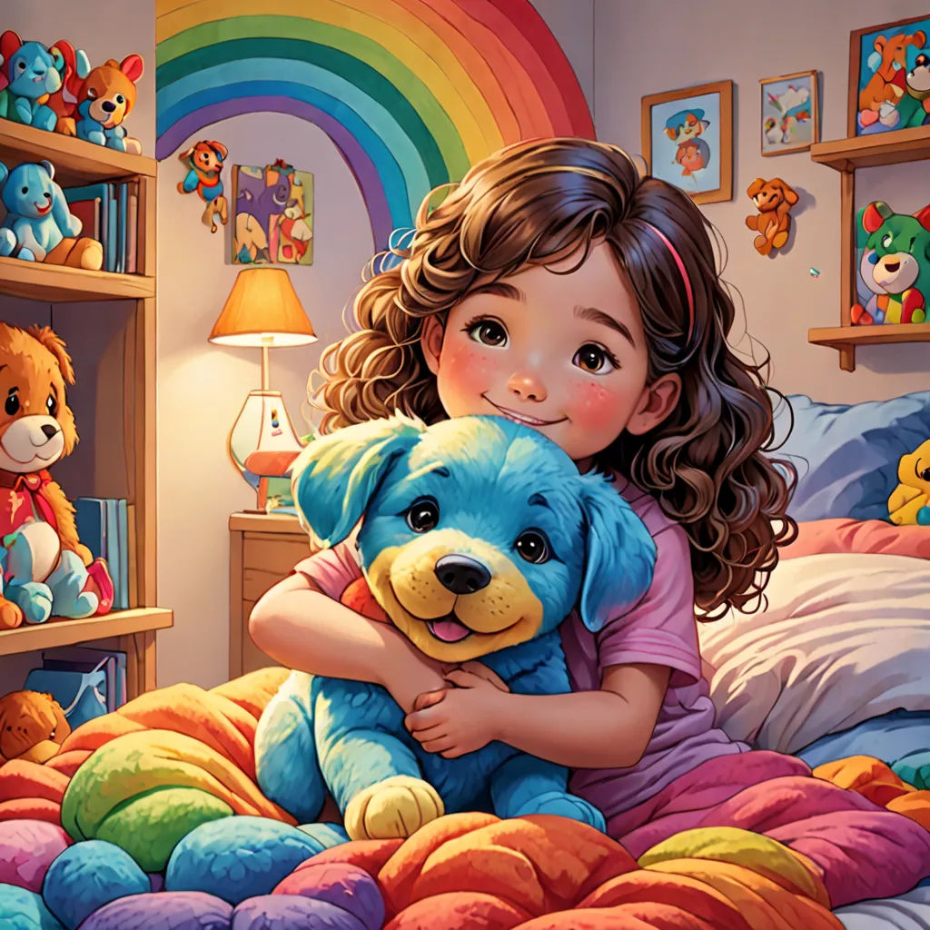 a little girl holding a teddy bear in a bedroom with a rainbow wallpaper and a teddy bear on the bed, furry art, a storybook illustration, Drew Struzan, official art