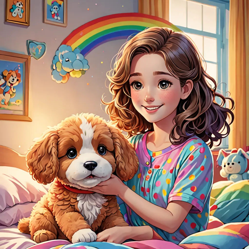 a girl is holding a dog on a bed with a rainbow in the background and a rainbow in the sky, naive art, a storybook illustration, Artgerm, highly detailed digital painting