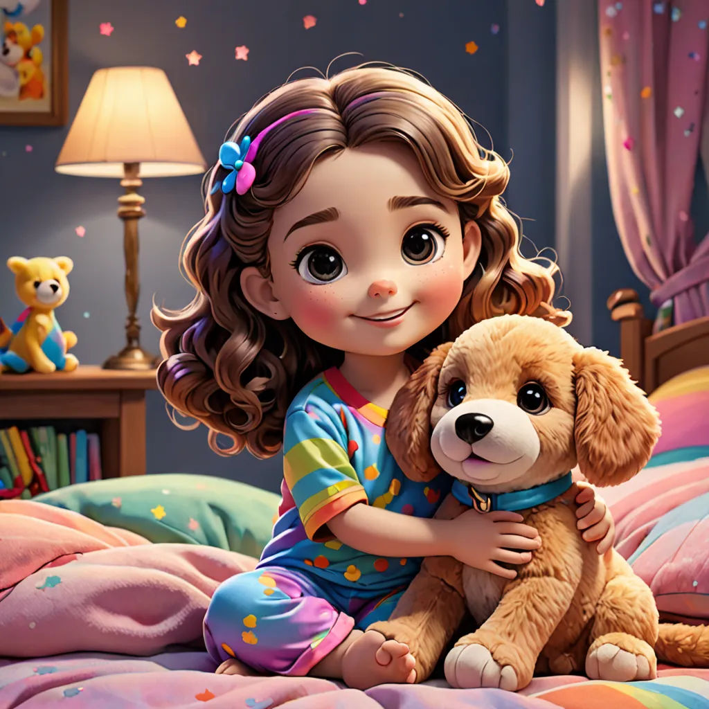 a little girl holding a dog on a bed with a teddy bear on it's lap and a teddy bear on the pillow, photorealism, a storybook illustration, artist, highly detailed digital painting