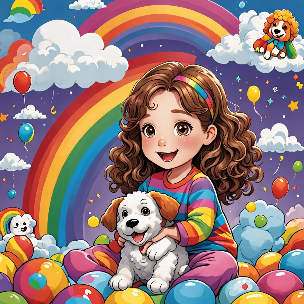 a girl holding a dog in front of a rainbow and balloons with a teddy bear in the background and a teddy bear on the ground, naive art, a storybook illustration, Ayami Kojima, highly detailed digital art