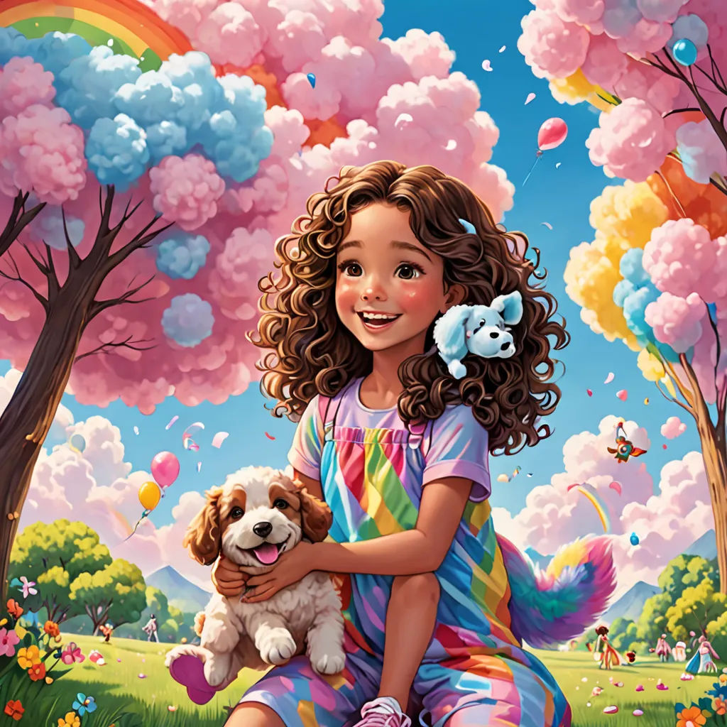 a painting of a girl holding a dog in a park with a rainbow in the background and a rainbow cloud in the sky, pop surrealism, a storybook illustration, Chris LaBrooy, kinkade