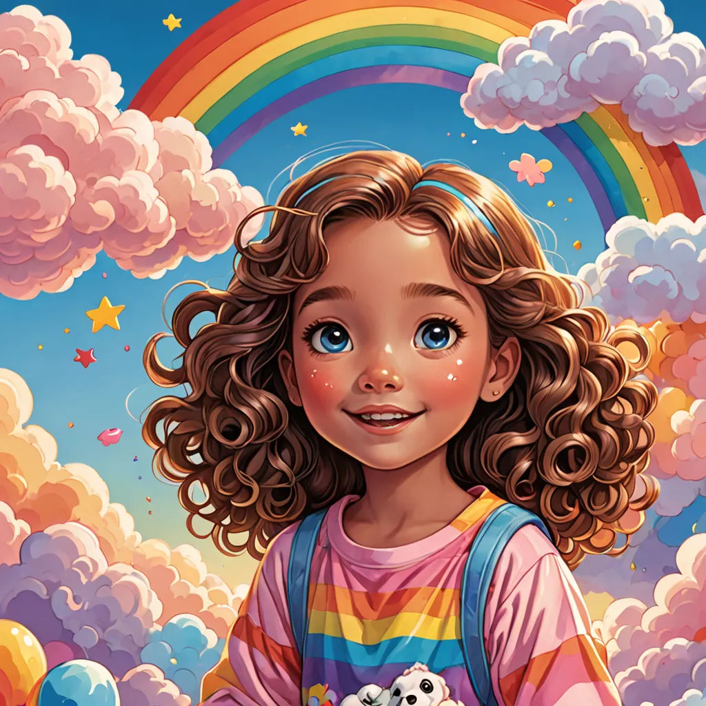 a painting of a girl holding a teddy bear in front of a rainbow and clouds background with stars and clouds, pop surrealism, an ultrafine detailed painting, Alex Horley-Orlandelli, highly detailed digital painting