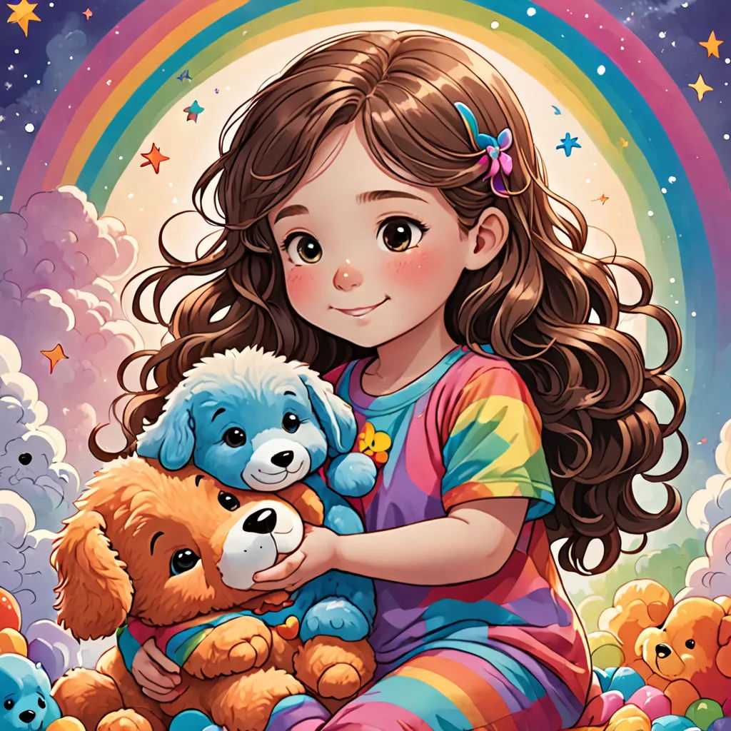 a girl holding a teddy bear in a field of teddy bears with a rainbow in the background and stars in the sky, pop surrealism, a storybook illustration, Claire Hummel, comic cover art