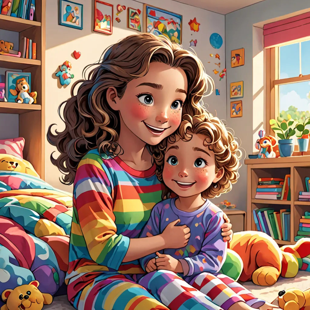 a woman and a child are sitting on a bed together in a room with toys and bookshelves, lyco art, a storybook illustration, Diego Gisbert Llorens, storybook illustration
