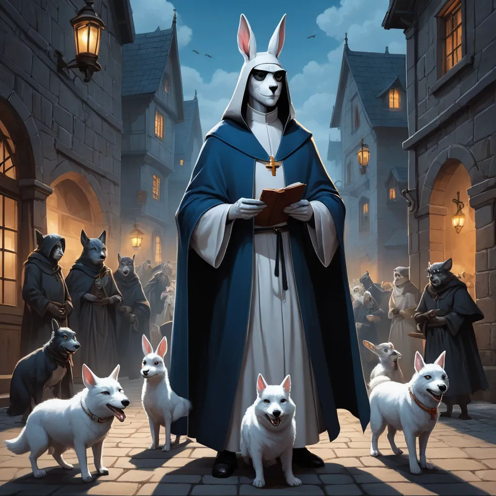 a nun with a book surrounded by dogs in a town square at night with a full moon in the sky, furry art, a storybook illustration, Art of Brom, comic cover art