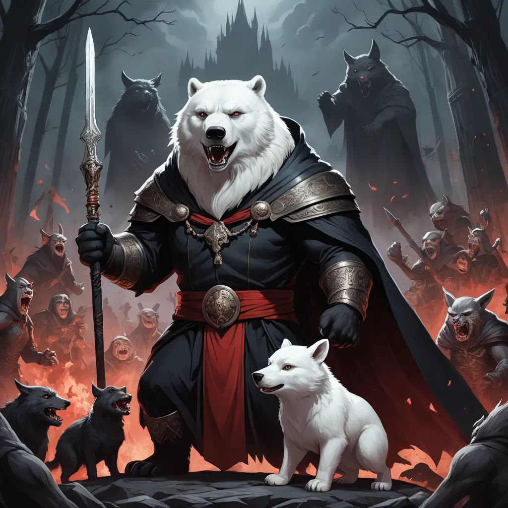 a white bear standing next to a white dog on a forest floor with a sword in its mouth and a man in a black coat with a red cape, furry art, concept art, Chris Rallis, magic the gathering artwork