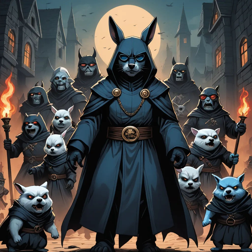 a group of cats dressed in costumes and holding torches in front of a full moon background with a man in a black outfit, furry art, concept art, Art of Brom, comic cover art