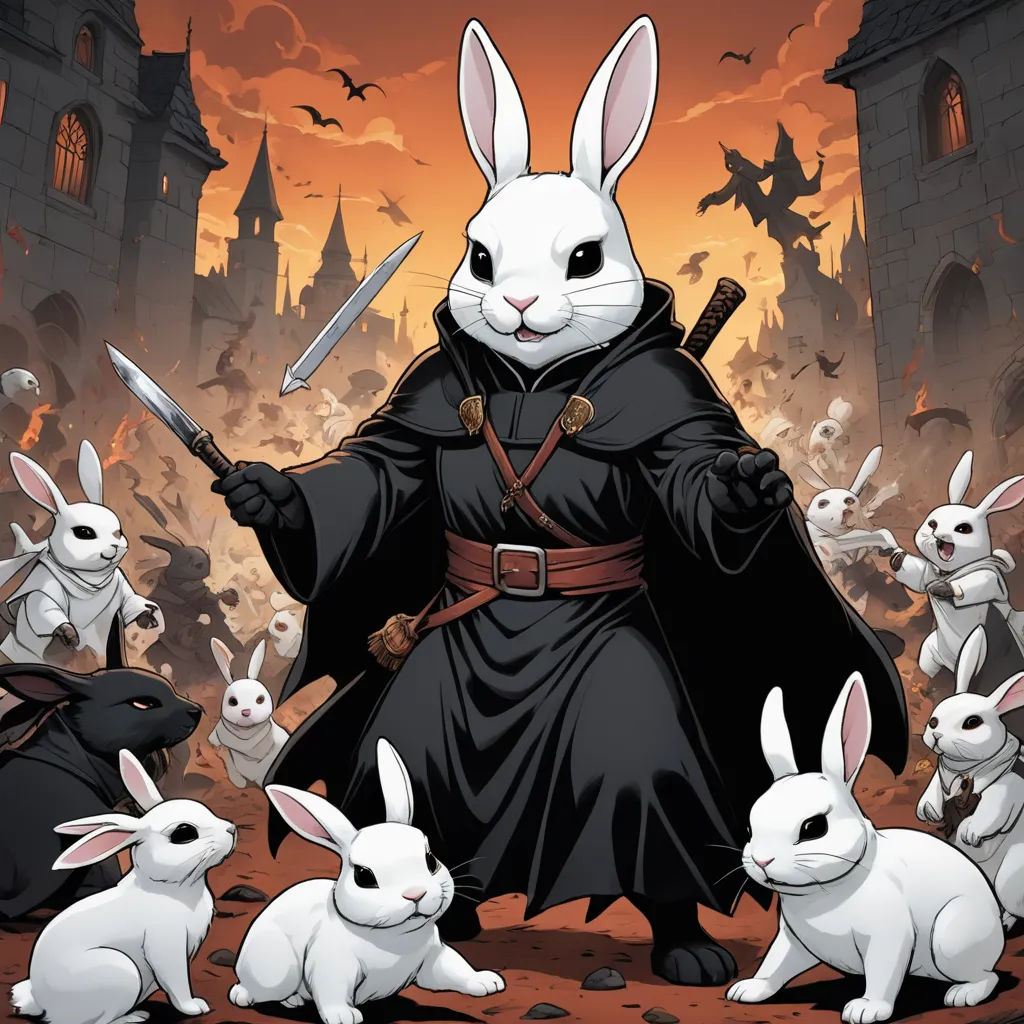 a cartoon of a rabbit with a sword surrounded by rabbits in front of a castle with bats and bats, furry art, a storybook illustration, Dirk Crabeth, furaffinity