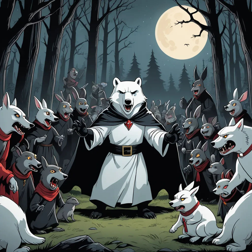 a group of white dogs standing next to a man in a white robe and a wolf in a black cape, furry art, a storybook illustration, Brian Despain, comic cover art