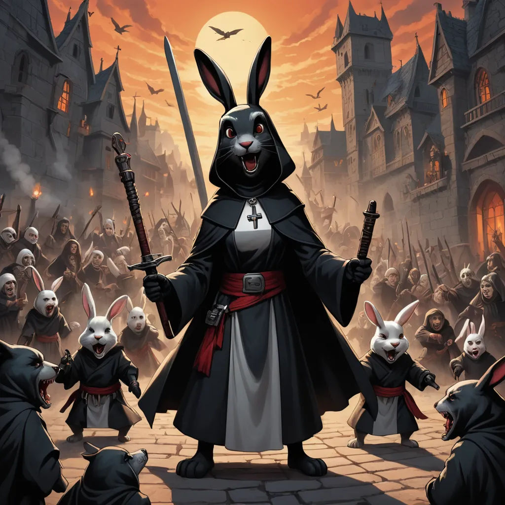 a cartoon of a rabbit dressed in a costume with a sword and other rabbits surrounding him and a castle in the background, furry art, concept art, Art of Brom, furaffinity