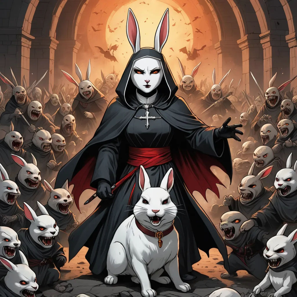 a nun with a cat and a dog in front of a group of demonic demonic creatures in a dark cathedral, furry art, a storybook illustration, Chris Rallis, comic cover art