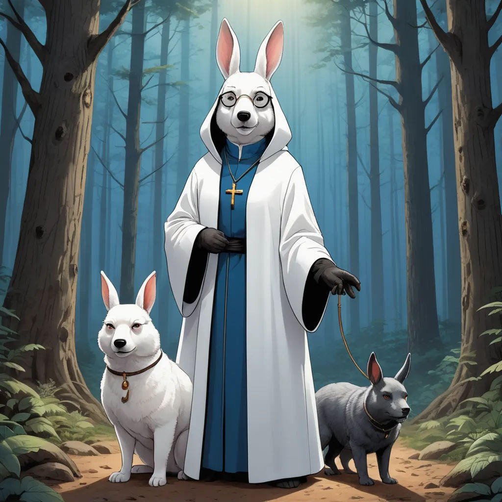 a cartoon of a nun and two dogs in a forest with a light shining through the trees behind them, furry art, a character portrait, Aaron Jasinski, official art