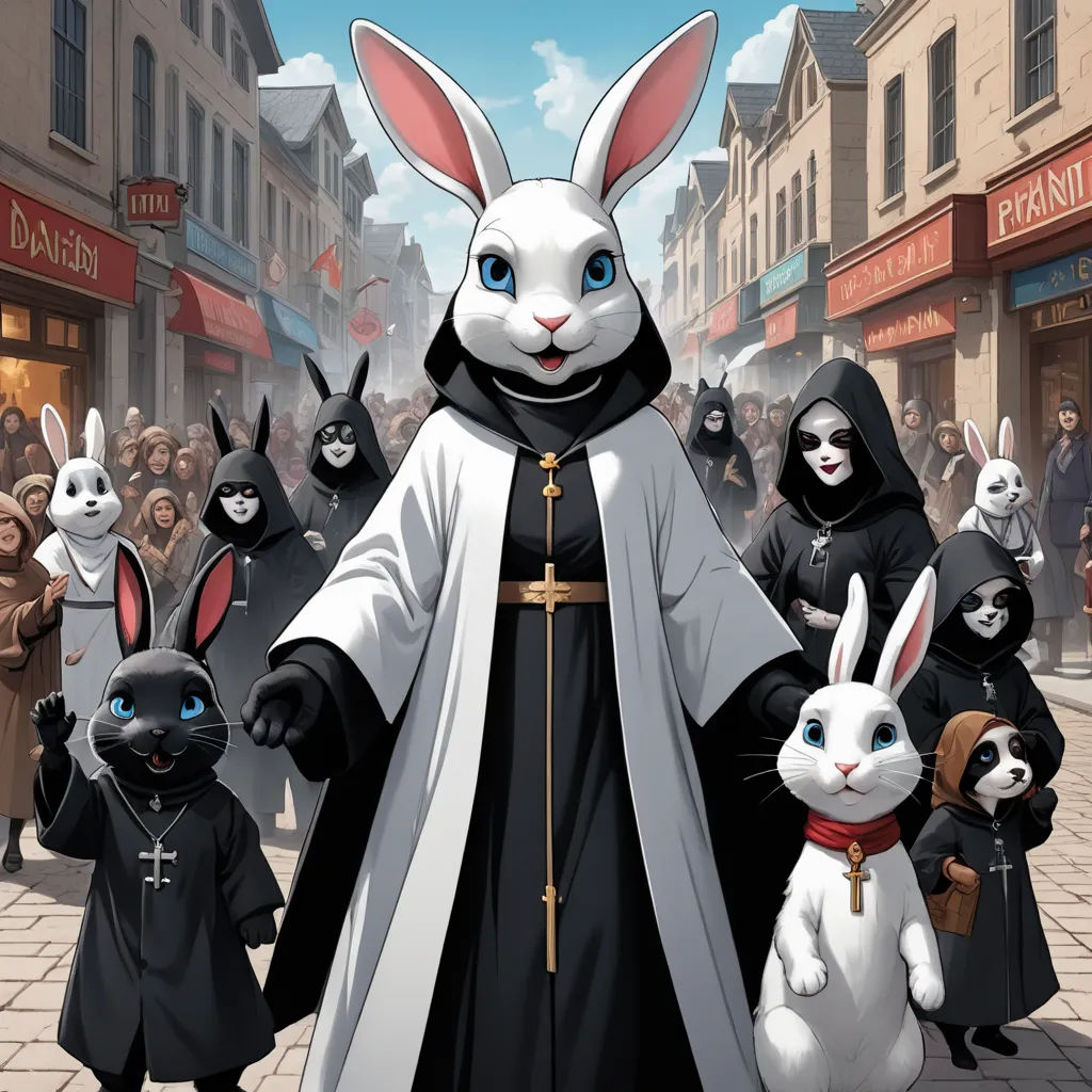 a group of people in bunny costumes walking down a street with rabbits in front of them and a nun in the middle, furry art, poster art, Edgar Ainsworth, comic cover art