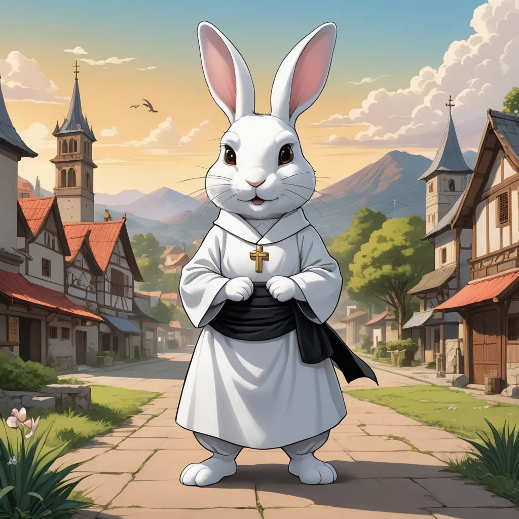 a cartoon of a white rabbit dressed in a nun outfit standing in a village street with a church in the background, fantasy art, a character portrait, Beatrix Potter, official art