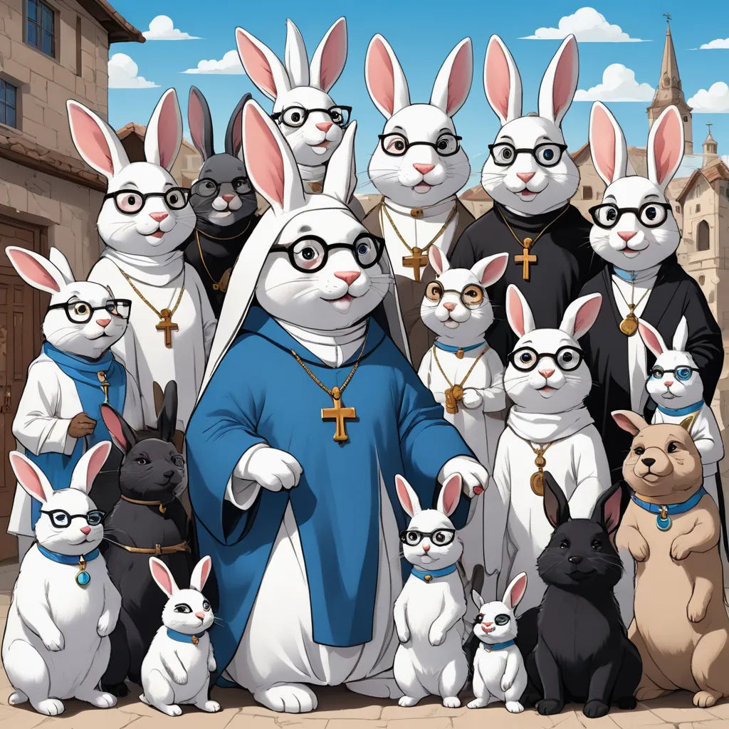 a group of rabbits dressed in religious attire and glasses standing in front of a group of other rabbits wearing glasses, furry art, a detailed drawing, Brothers Hildebrandt, official art