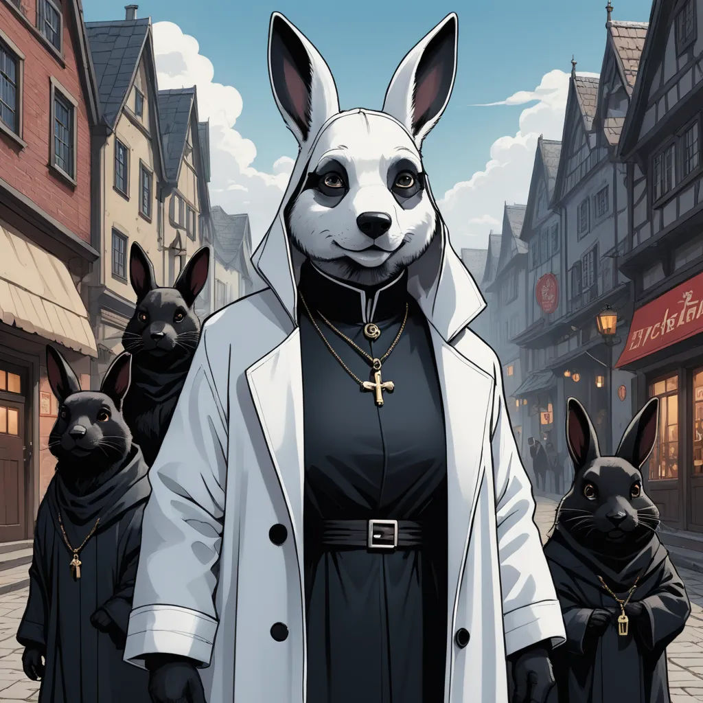 a cartoon of a person with a rabbit mask on and a dog in front of them, and a man in a white coat and black outfit, furry art, a character portrait, Edgar Ainsworth, comic cover art
