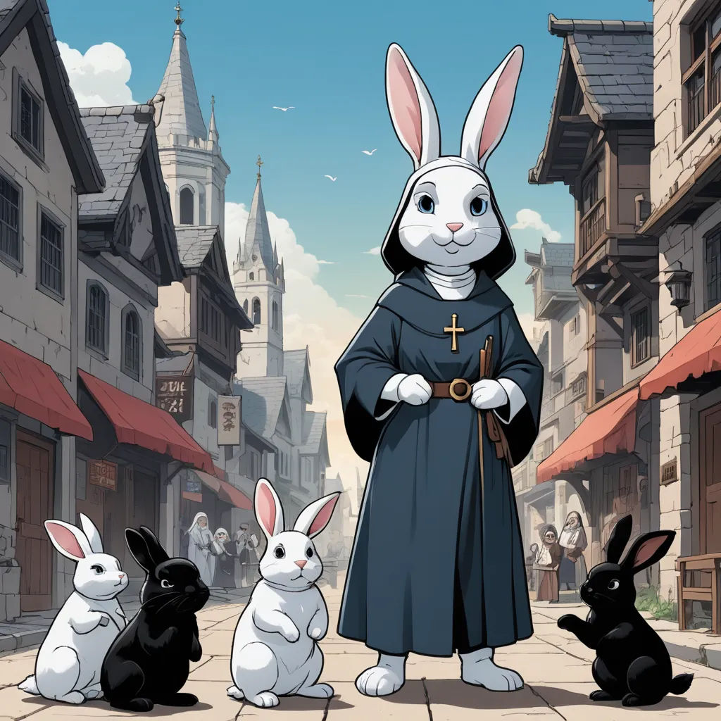 a nun with four rabbits in front of a castle like building with a clock tower in the background and a cartoon of a nun with four rabbits in front of the, furry art, a character portrait, Brian Despain, official art