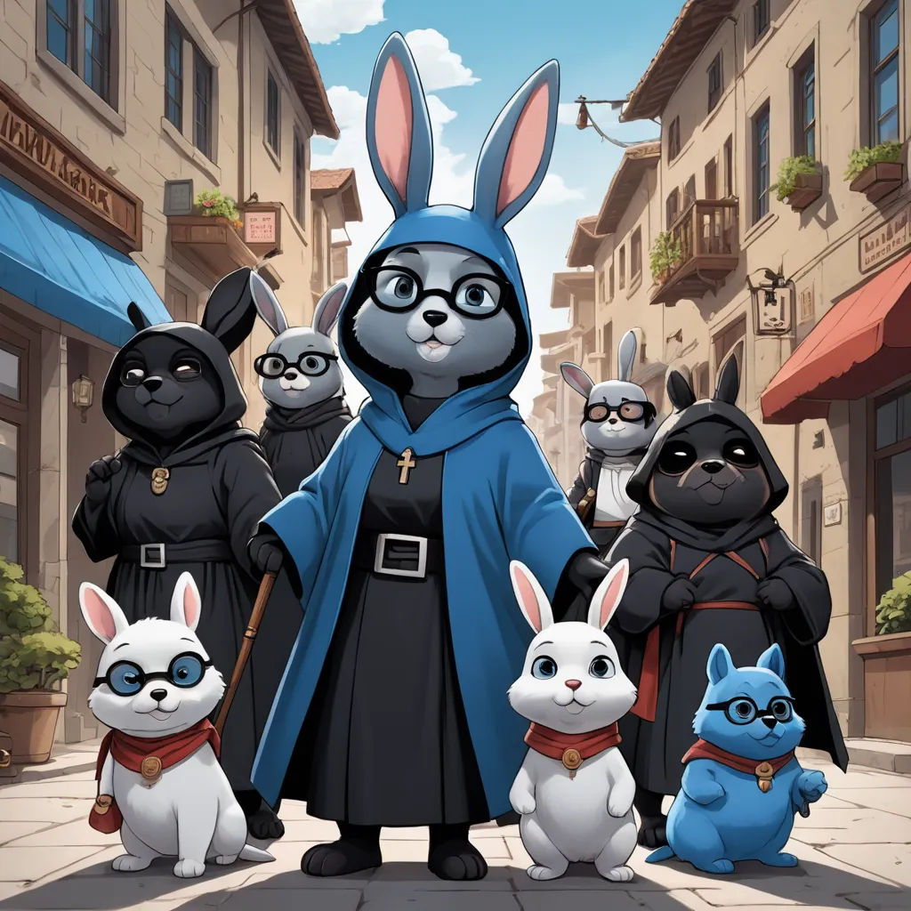 a cartoon of a group of people dressed in bunny costumes and holding a cane and standing in front of a group of bunnies, furry art, concept art, Ada Gladys Killins, official art