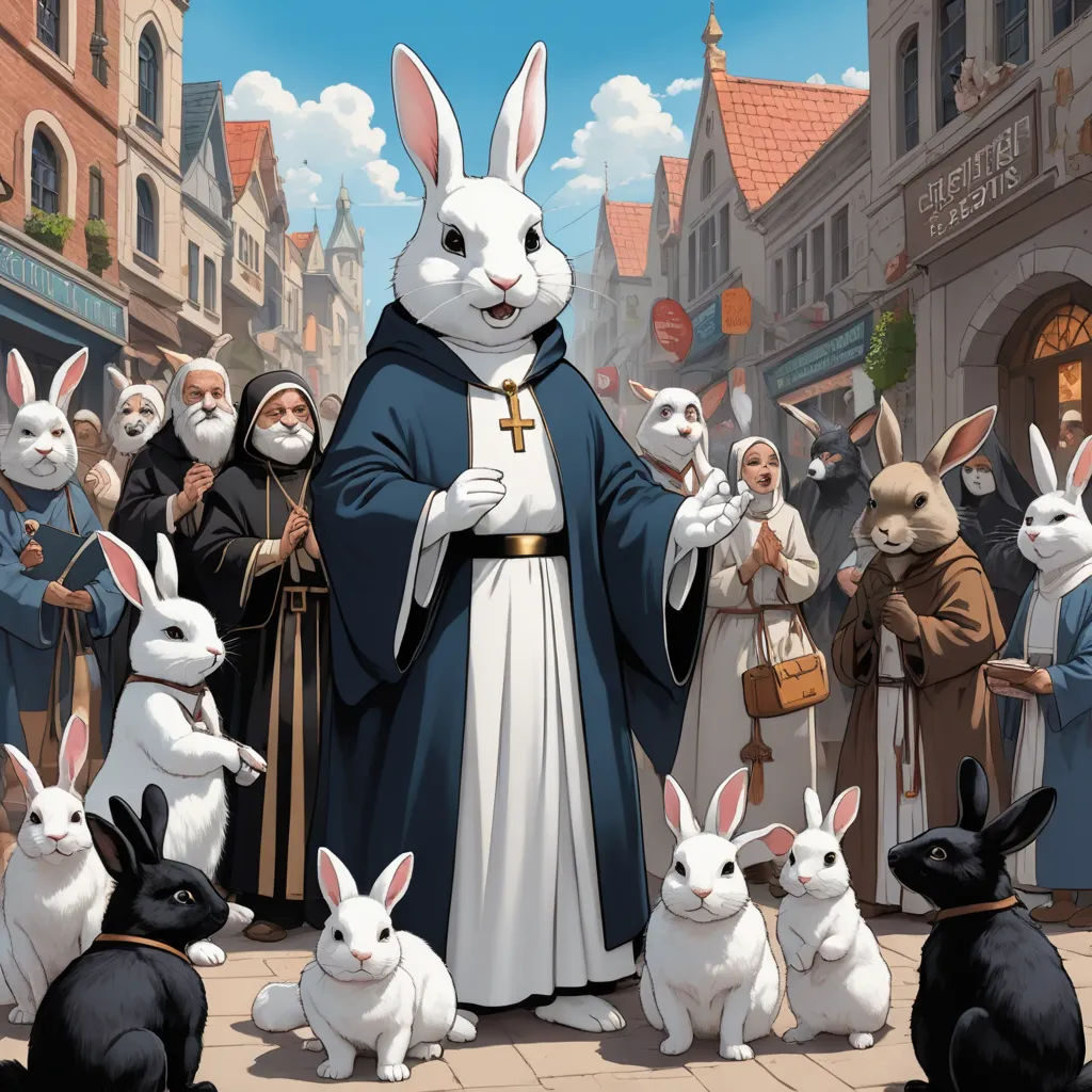 a painting of a nun surrounded by rabbits in a town square with people dressed in costumes and holding a cross, furry art, a storybook illustration, David Teniers III, official art