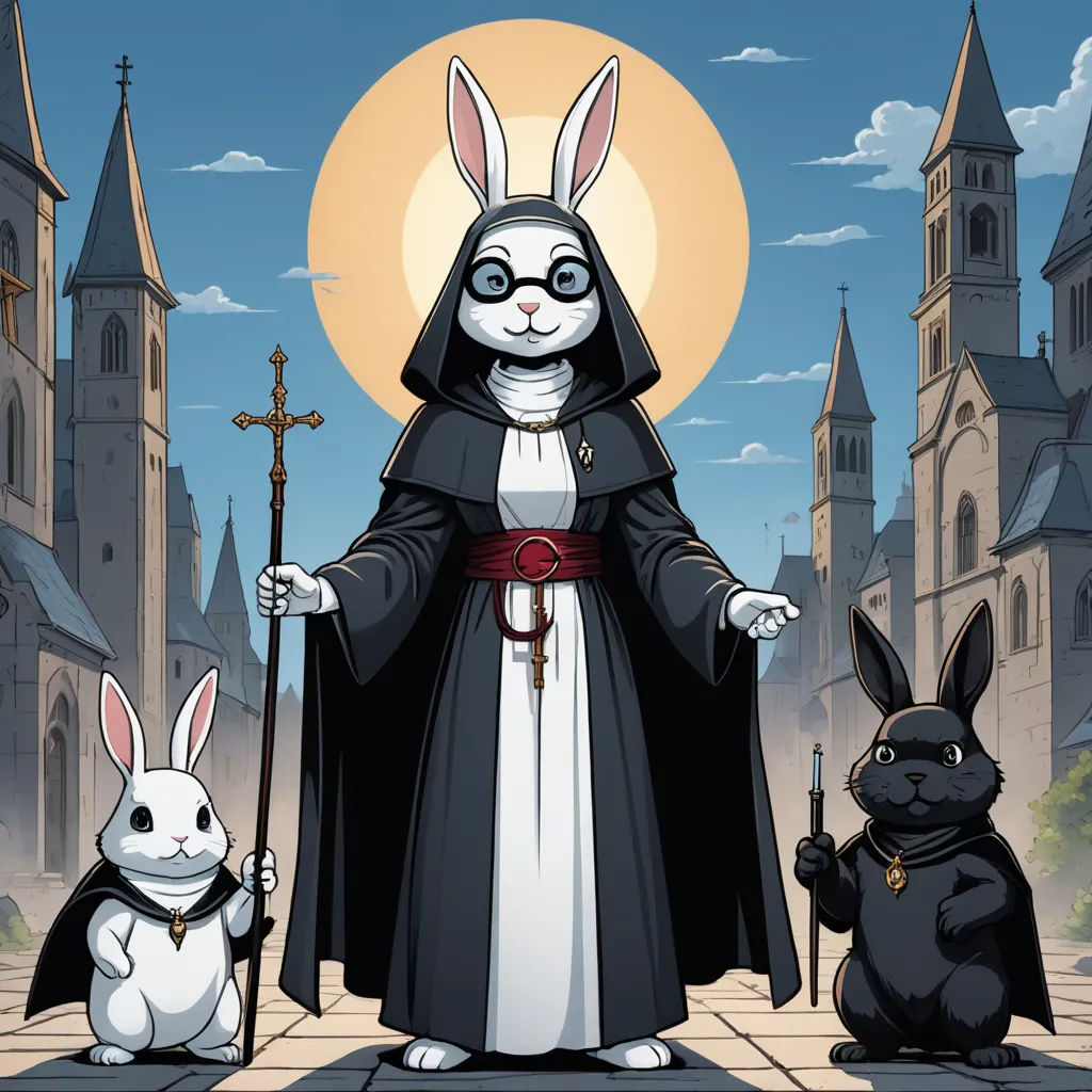 a cartoon of a nun and two rabbits in front of a castle with a full moon in the background, gothic art, a character portrait, Florence Engelbach, official art