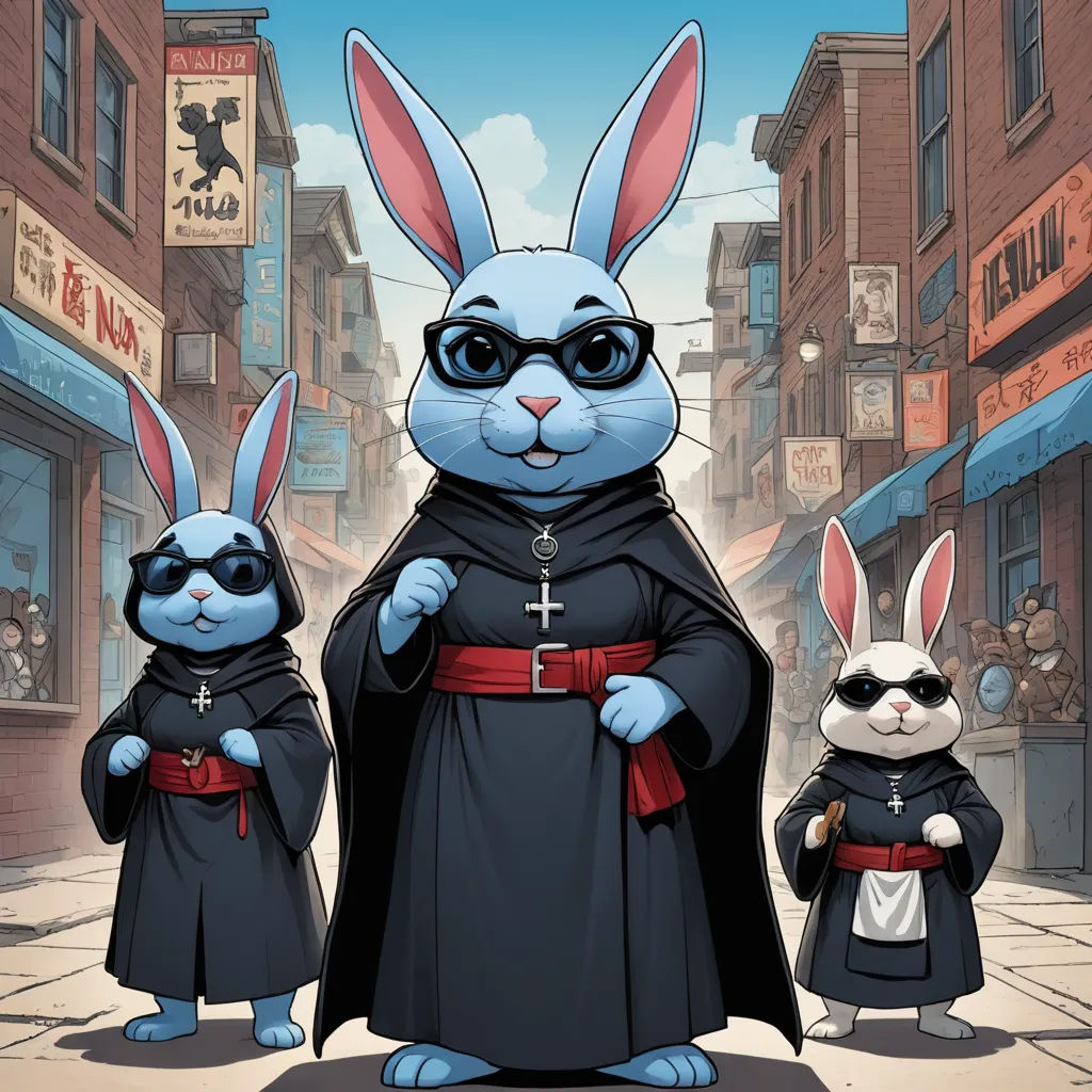 a cartoon of a couple of rabbits dressed in black and red robes and a nun and a little bunny, furry art, concept art, Brothers Hildebrandt, official art