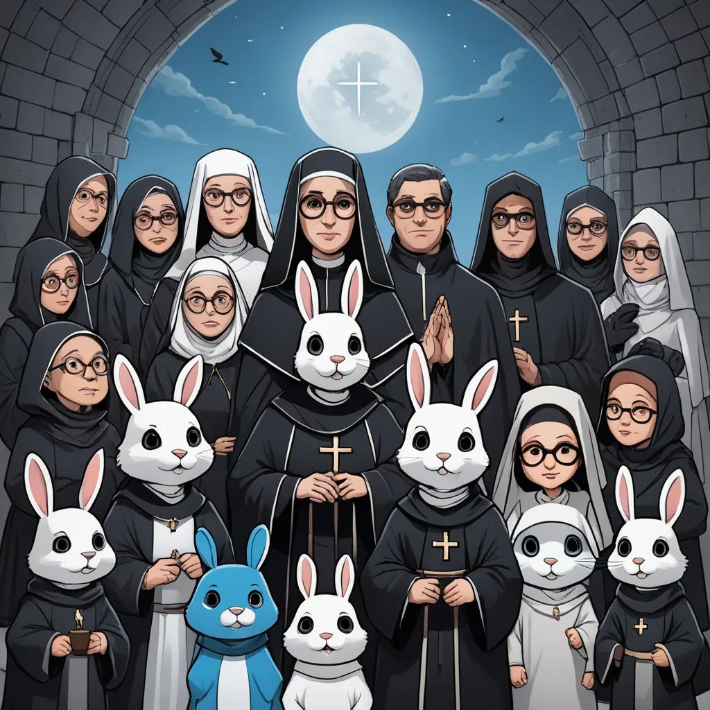 a group of people dressed in nun costumes and bunny ears, standing in front of a wall with a full moon, purism, an album cover, Diego Gisbert Llorens, comic cover art