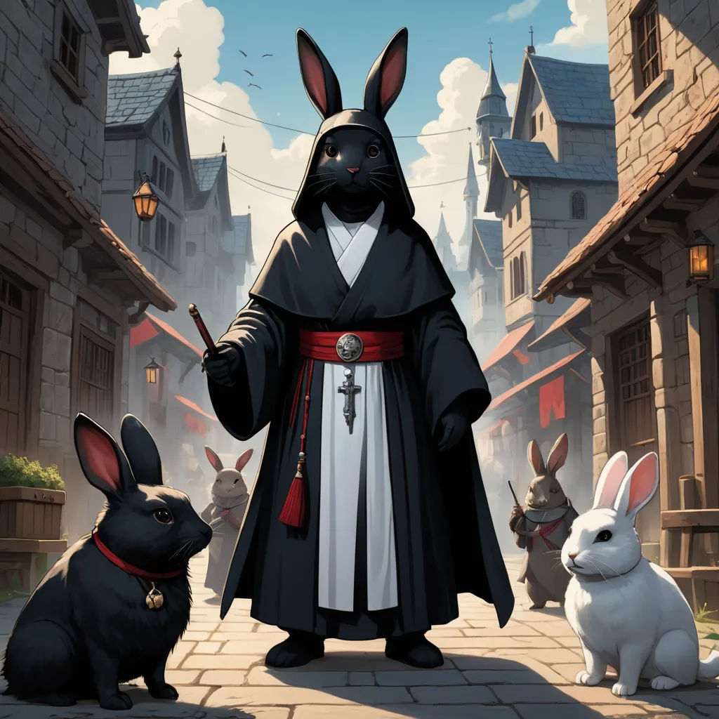 a cartoon of a nun with rabbits in front of him and a castle in the background with a sky background, fantasy art, a character portrait, Art of Brom, fantasy illustration