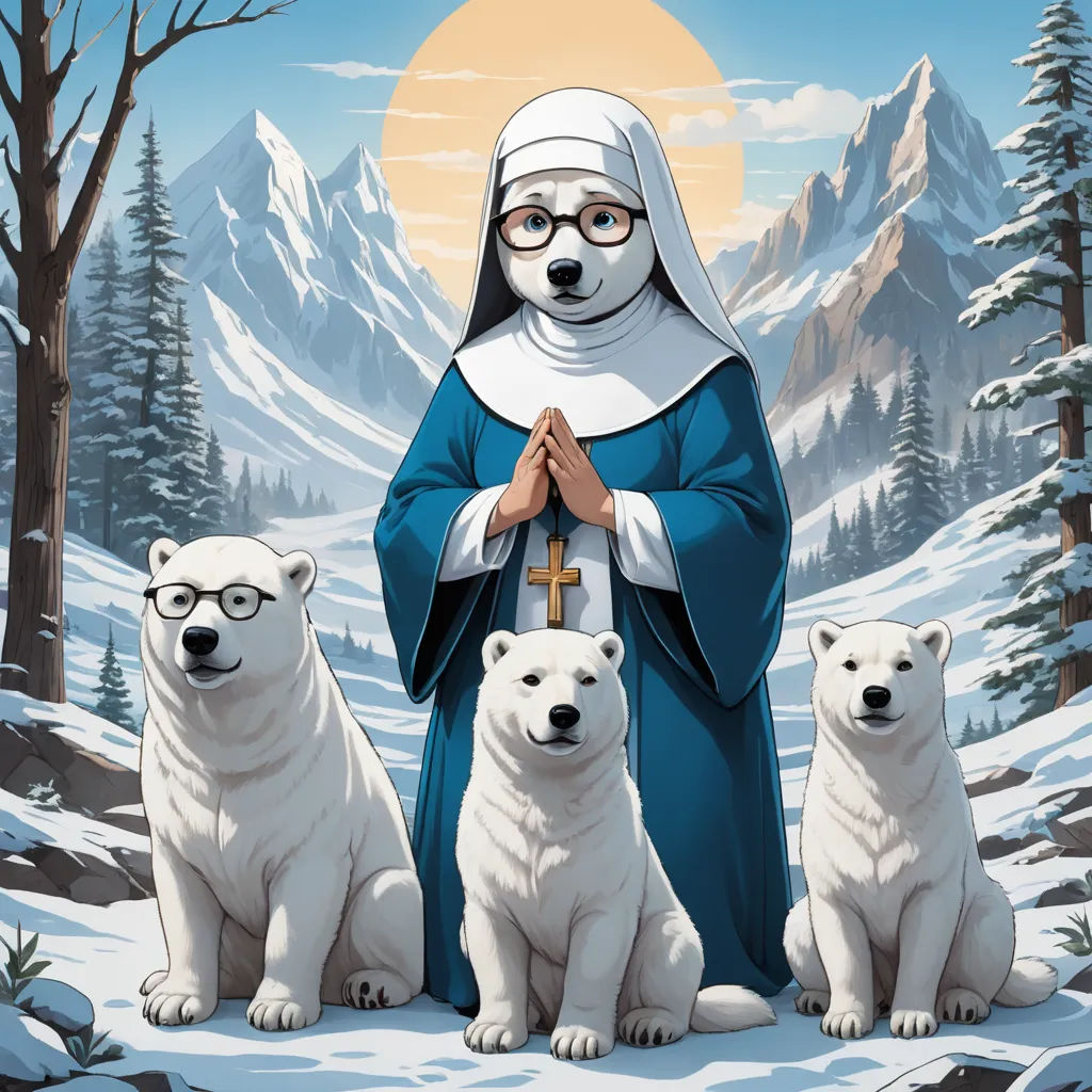 a nun with polar bears in a snowy landscape with a mountain background and a full moon in the sky, furry art, a character portrait, Anne Stokes, official art