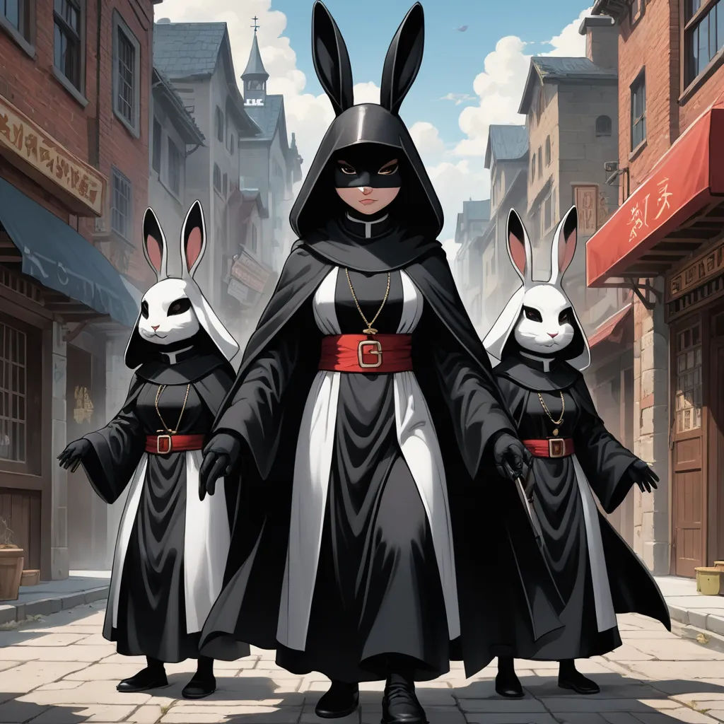a cartoon of a nun and two rabbits in a street with buildings in the background and a sky background, purism, a character portrait, Fan Qi, official art