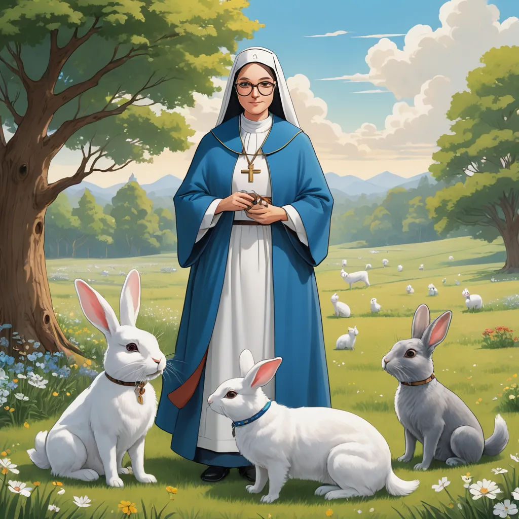 a nun standing in a field with two rabbits and a dog in front of her and a tree with white flowers, furry art, a character portrait, F. Scott Hess, official art