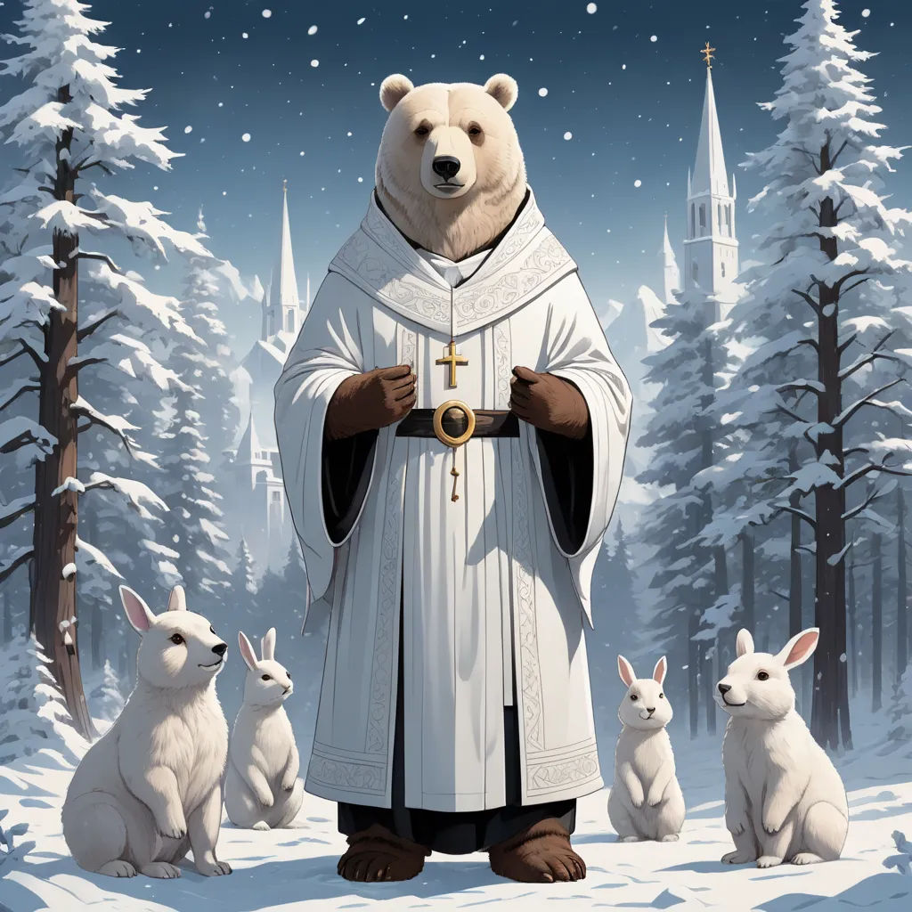 a bear dressed in a priest surrounded by rabbits in a snowy forest with a church in the background and a snow covered forest, furry art, an album cover, Aaron Jasinski, official art