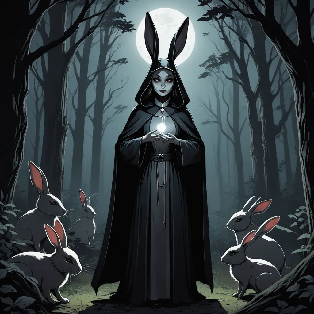a person in a hooded outfit with rabbits in the woods at night with a glowing light in their hands, gothic art, a storybook illustration, Anna Dittmann, comic cover art