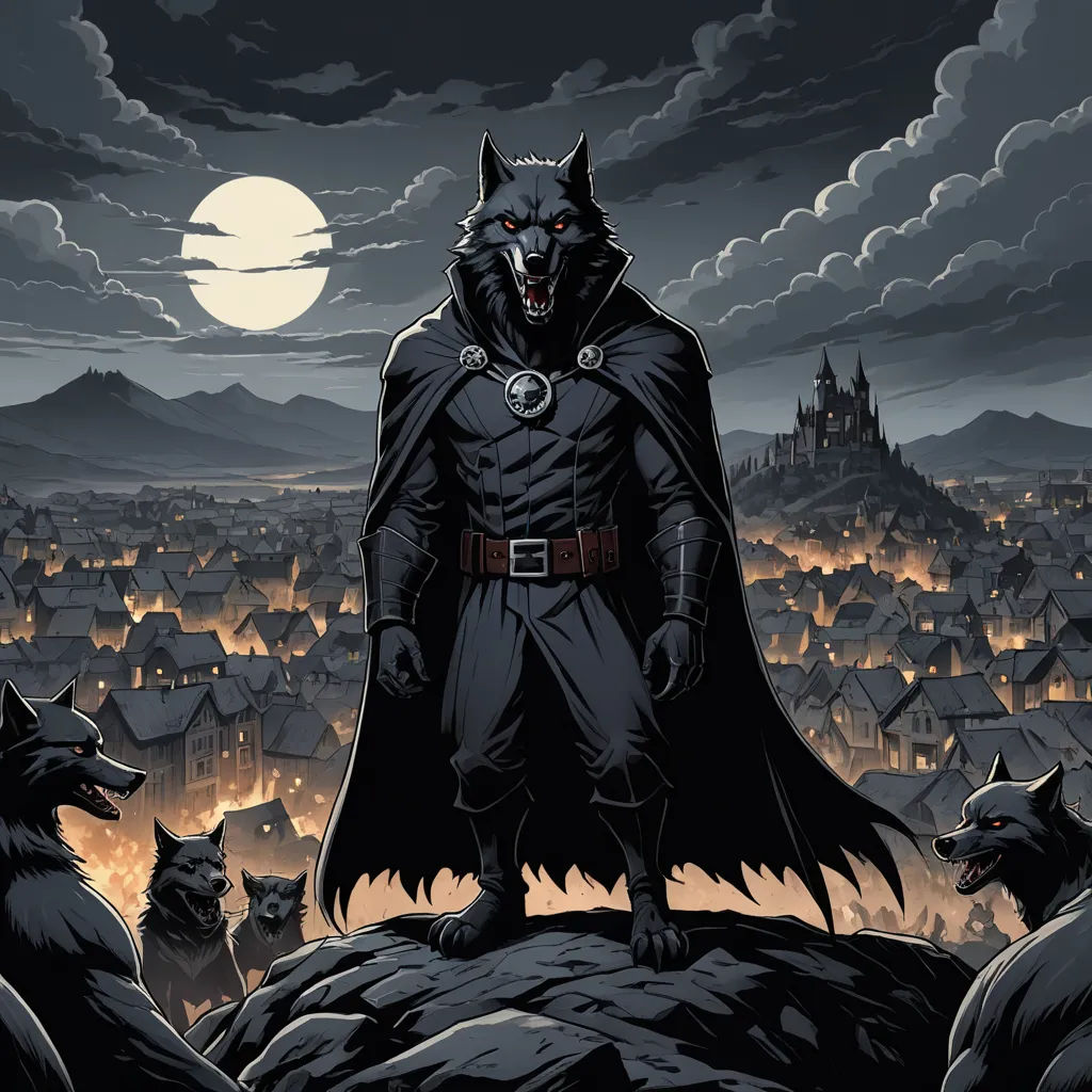 a wolf in a cape standing on a hill with a city in the background at night with a full moon, gothic art, a comic book panel, Caspar Wolf, comic cover art