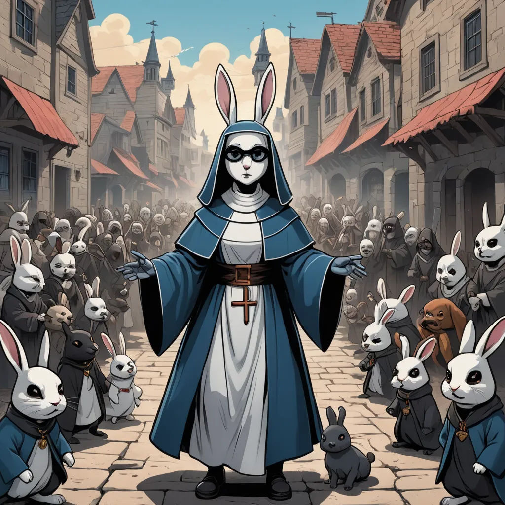 a cartoon of a nun surrounded by rabbits in a town square with buildings and a clock tower in the background, furry art, a character portrait, Andreas Rocha, comic cover art