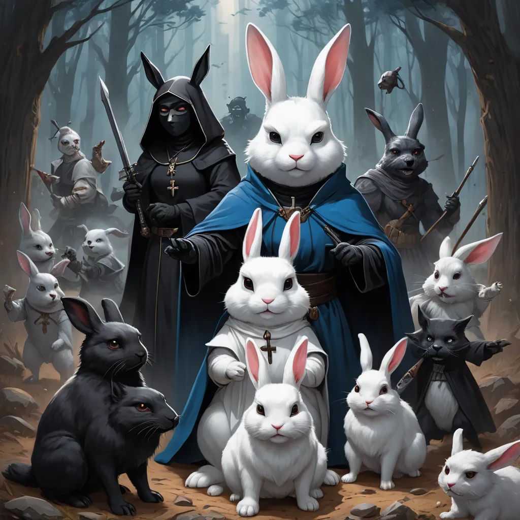 a painting of a wizard with rabbits in front of him and a group of rabbits in the background, all dressed in black, furry art, poster art, Art of Brom, furaffinity