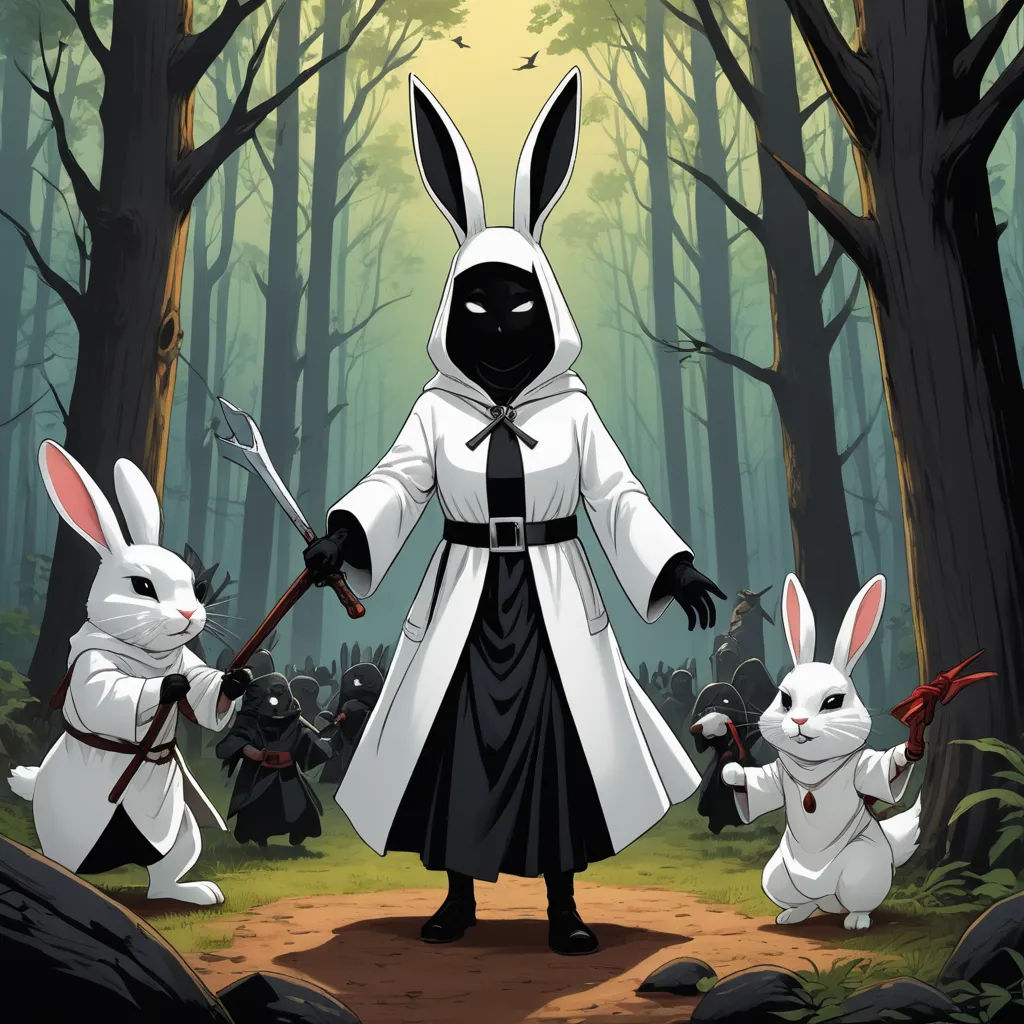 a cartoon of a person dressed as a rabbit with two rabbits in the woods behind them, with a knife in his hand, furry art, a character portrait, Chris Rallis, magic the gathering artwork