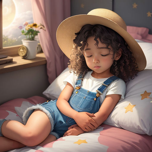 A little girl with curly hair in a straw hat and black overalls