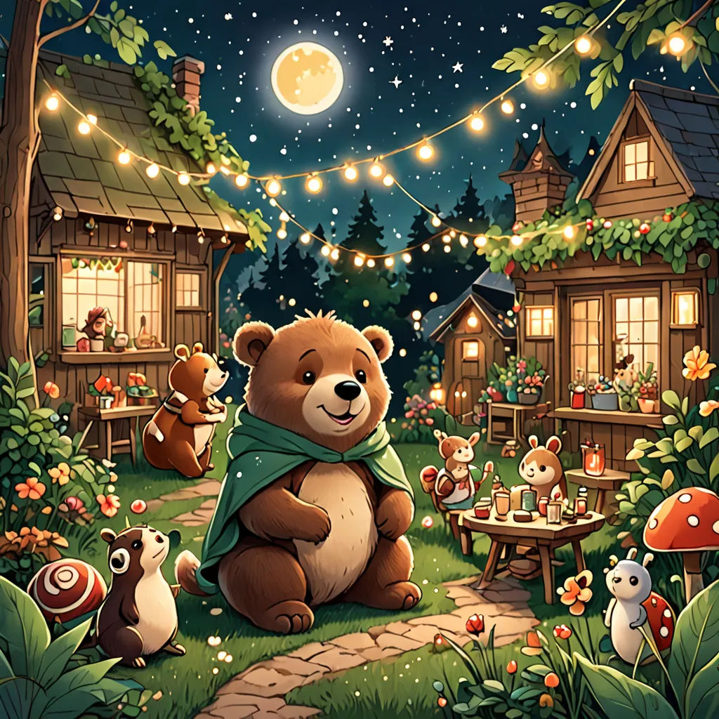 a painting of a teddy bear sitting in a garden with a full moon in the background and a small cabin with a picnic table and a full of mushrooms, fantasy art, a storybook illustration, Chris LaBrooy, official art