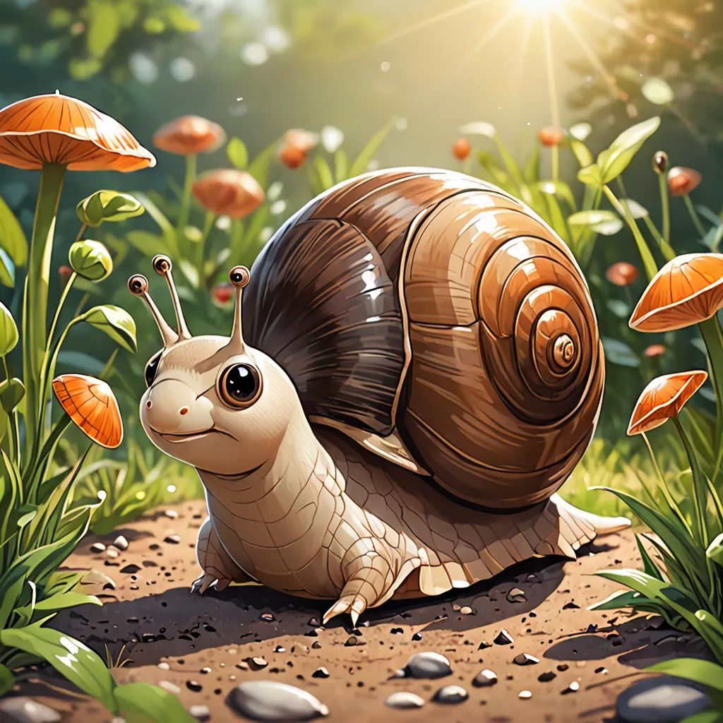 a snail is sitting on a dirt path in the grass and flowers, with the sun shining on the ground, fantasy art, a digital painting, Chris LaBrooy, trending on art station
