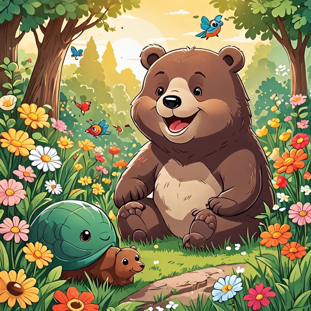 a bear and a turtle in a forest with flowers and butterflies around them, and a bird flying above them, sots art, a storybook illustration, Chris LaBrooy, storybook illustration