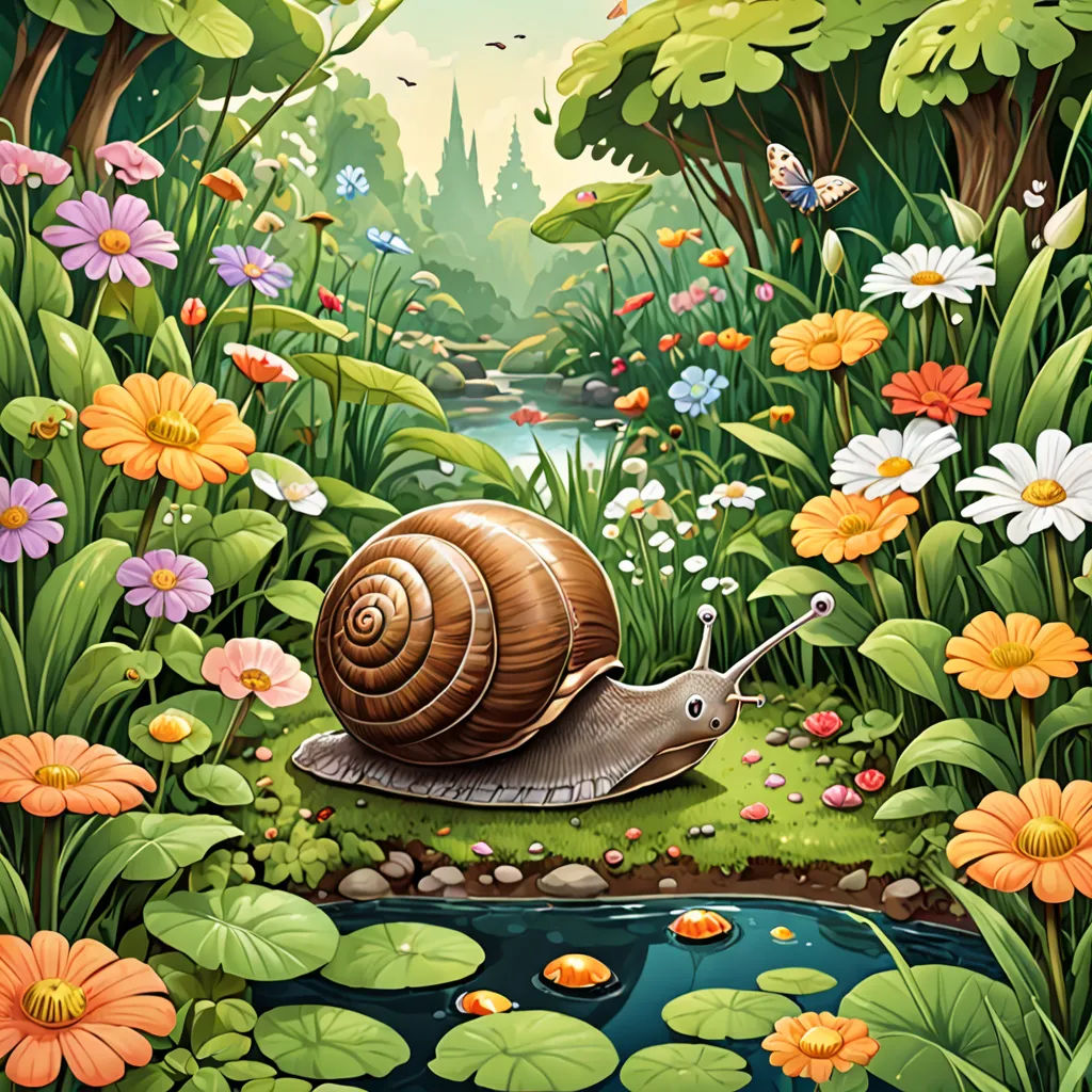 a snail is sitting on a rock in a garden of flowers and plants, with a stream running through it, psychedelic art, a storybook illustration, Chris LaBrooy, highly detailed digital painting