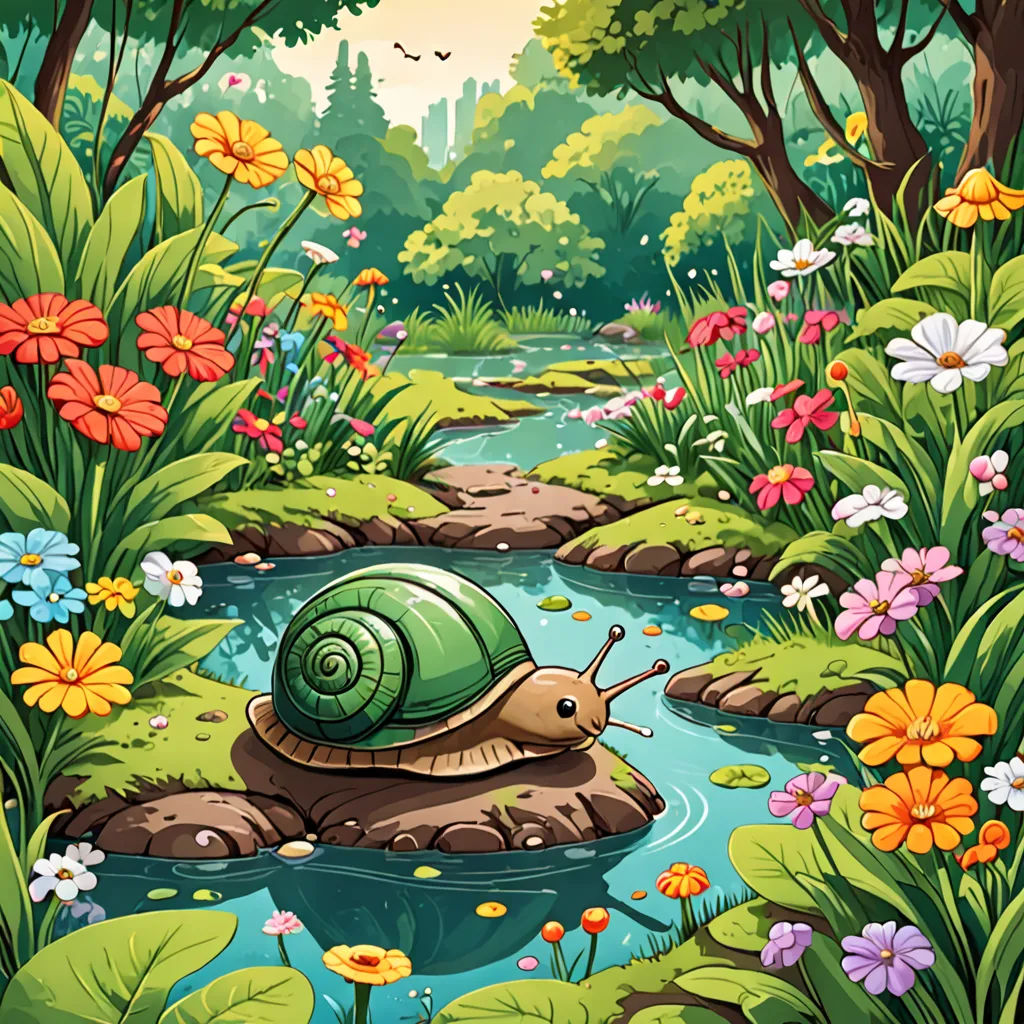 a snail is sitting on a rock in a river surrounded by flowers and trees, with a bird flying over it, environmental art, a storybook illustration, Chris LaBrooy, storybook illustration