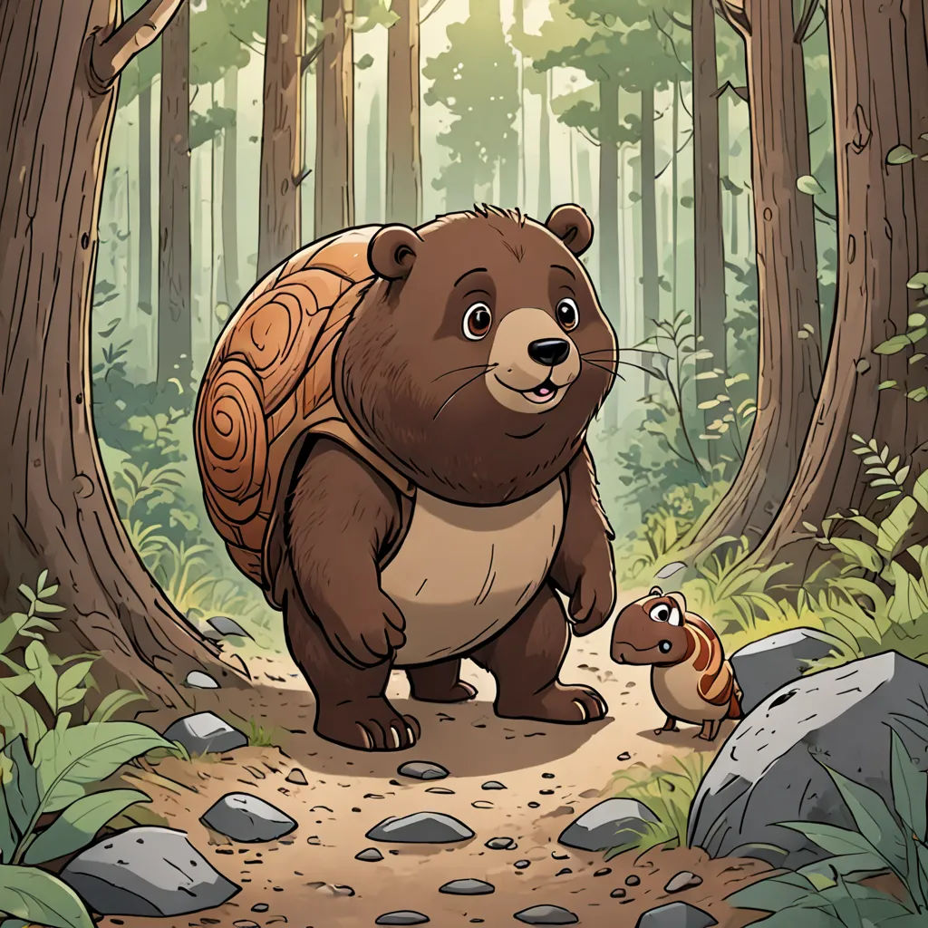 a bear and a squirrel are walking through the woods together, with a forest background and a path leading to them, sots art, a storybook illustration, Chris LaBrooy, official art