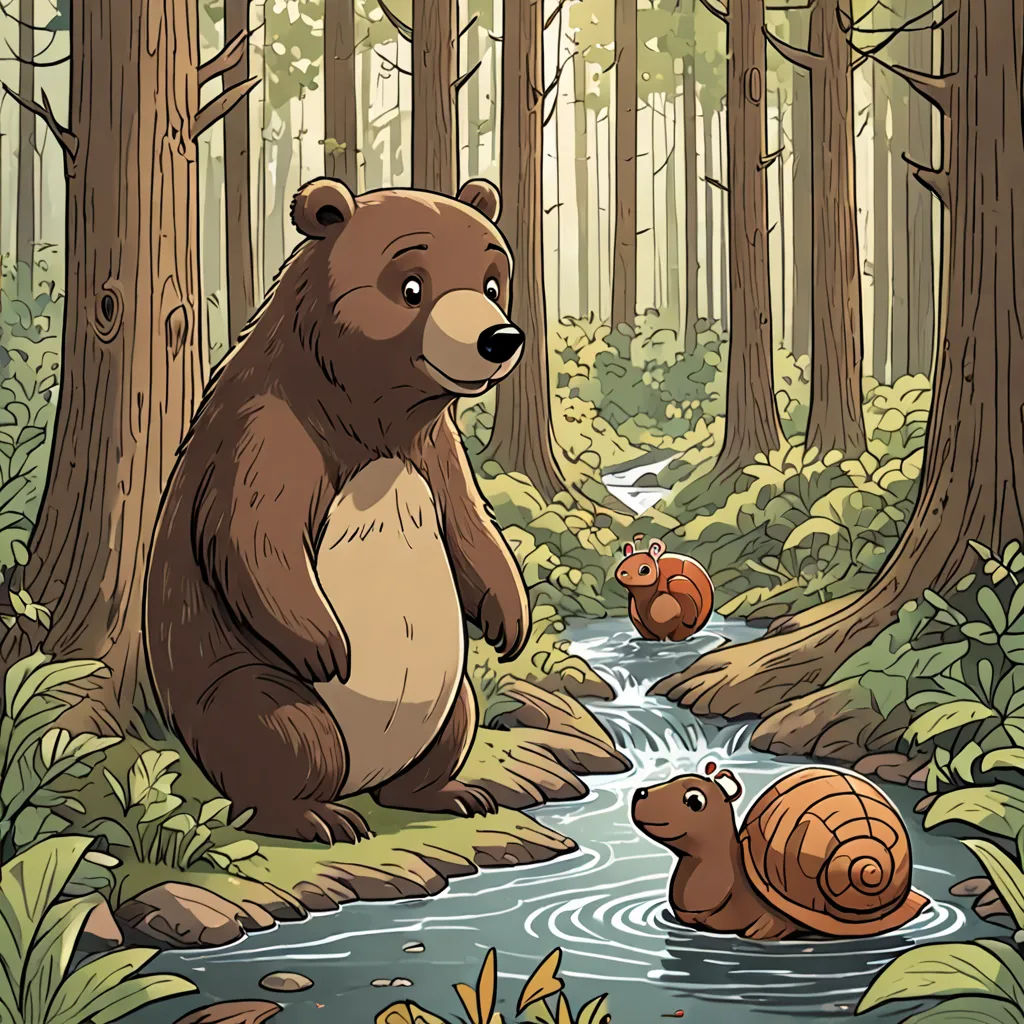 a bear and two snails are in the woods by a stream of water and trees, with a stream running through the woods, environmental art, a storybook illustration, Chris LaBrooy, storybook illustration