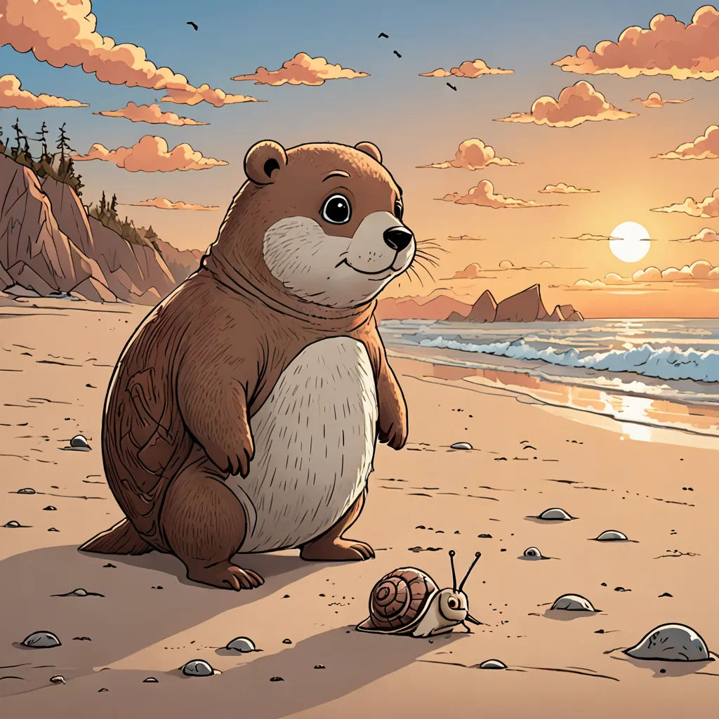 a cartoon of a brown bear sitting on a beach next to a snail and a sunset with clouds in the background, sots art, a storybook illustration, Chris LaBrooy, official art